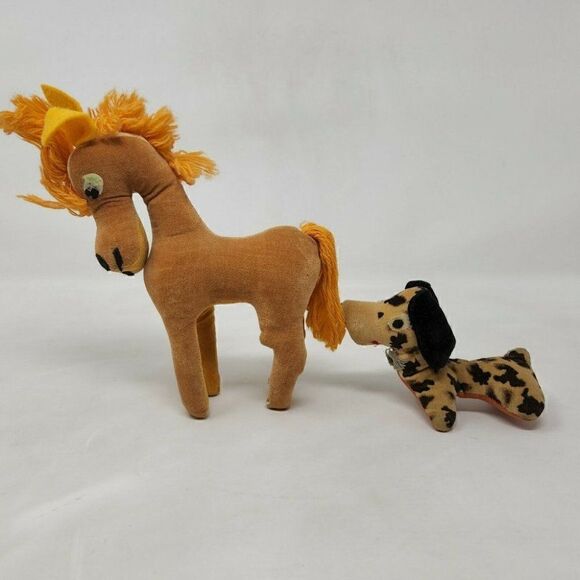 VINTAGE JAPAN PLUSH PRIZE BROWN HORSE SPOTTED DACHSUND ANIMAL TOY DOLL FELT EYES - Picture 2 of 11